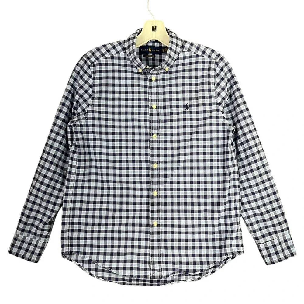 Ralph Lauren Boys Performance Dress Shirt L 14/16 Blue‎ Plaid Pony Formal School